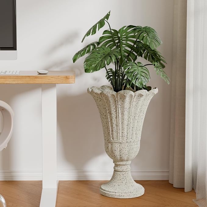 Condition photo showing New/Like New for topcomfy 23.6 tall plastic urn planters for outdoor plants set of 2 heavy-duty classic indoor large flower pots with drainage holes & petal design light yellow