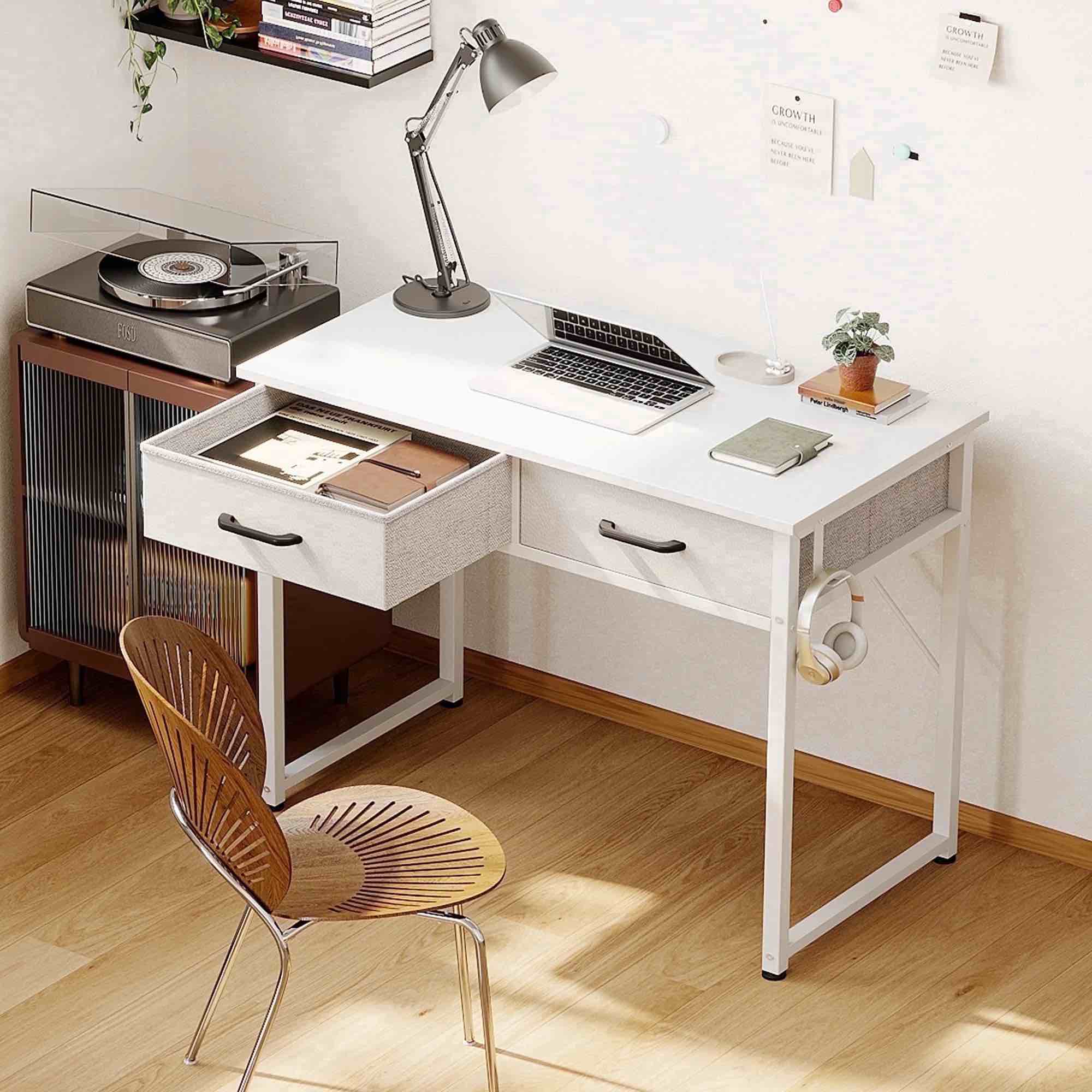 Condition photo showing New/Like New for casacomoda 32 inch writing desk with 2 fabric drawers modern study table with storage small computer desk for small space home office desk pure wh