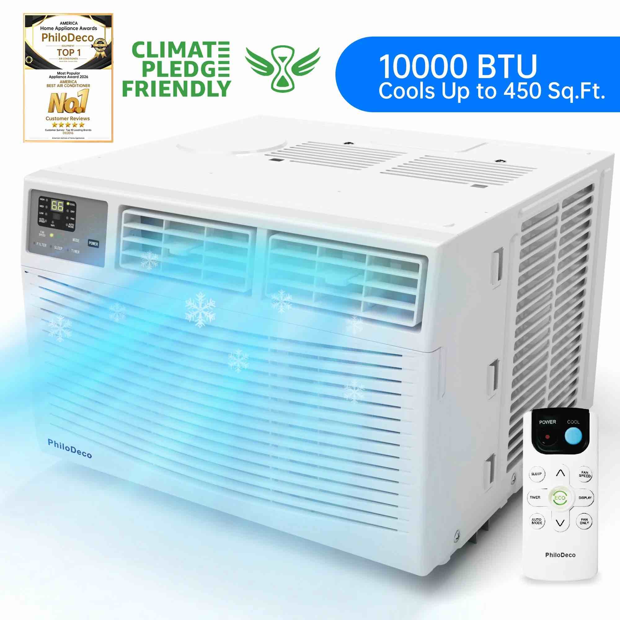 philodeco 10000 btu window air conditioner 450 sq ft. intelligent ac, led display screen, can be used as a dehumidifier/fan, operates quietly, energy-saving. timer • sleep and ec