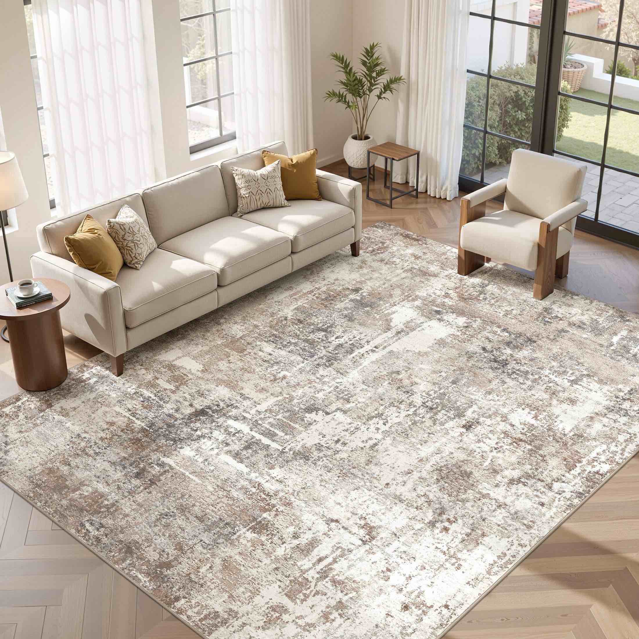 uermei 8'x10' washable area rugs for living room, modern abstract printed carpet, non slip indoor rug for bedroom home decor carpets, grey gold