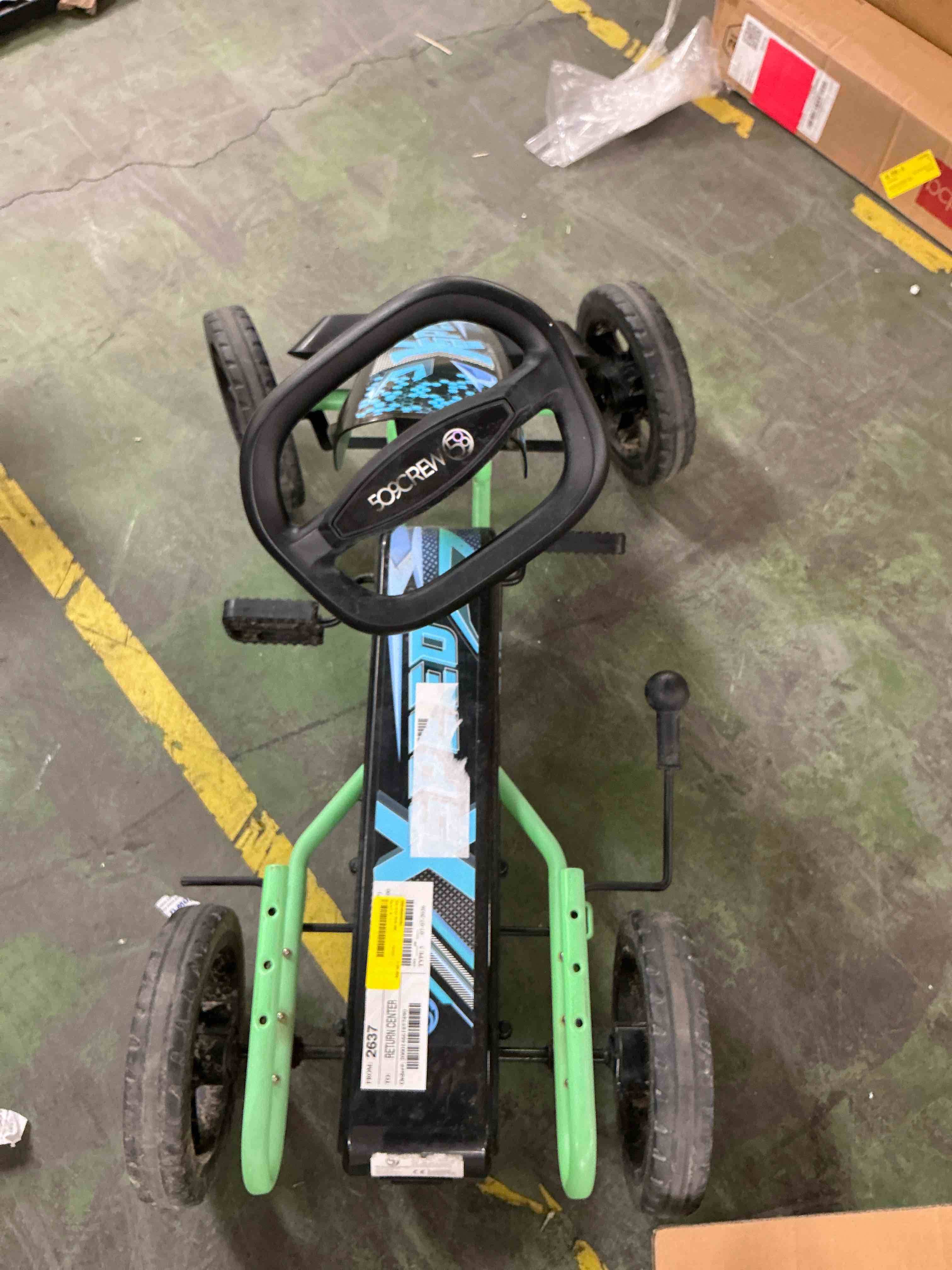 Condition photo showing As Is for 509 crew: xspeed pedal go-kart - blue & black - kids 4 wheel sporty ride-on cart, adjustable seat, steering wheel, indoor/outdoor, 110lb cap, ages 4+