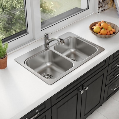 elkay freeport drop-in 33-in x 22-in stainless steel double equal bowl 20 -gauge kitchen sink all-in-one kit