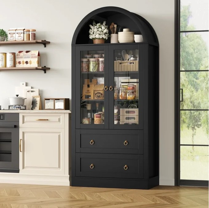 Hiphuta 70" Tall Arched Kitchen Pantry Storage Cabinet with 2 Large Drawers, Freestanding Modern Farmhouse Versatile Hutch Cupboard for Dining Room, Black