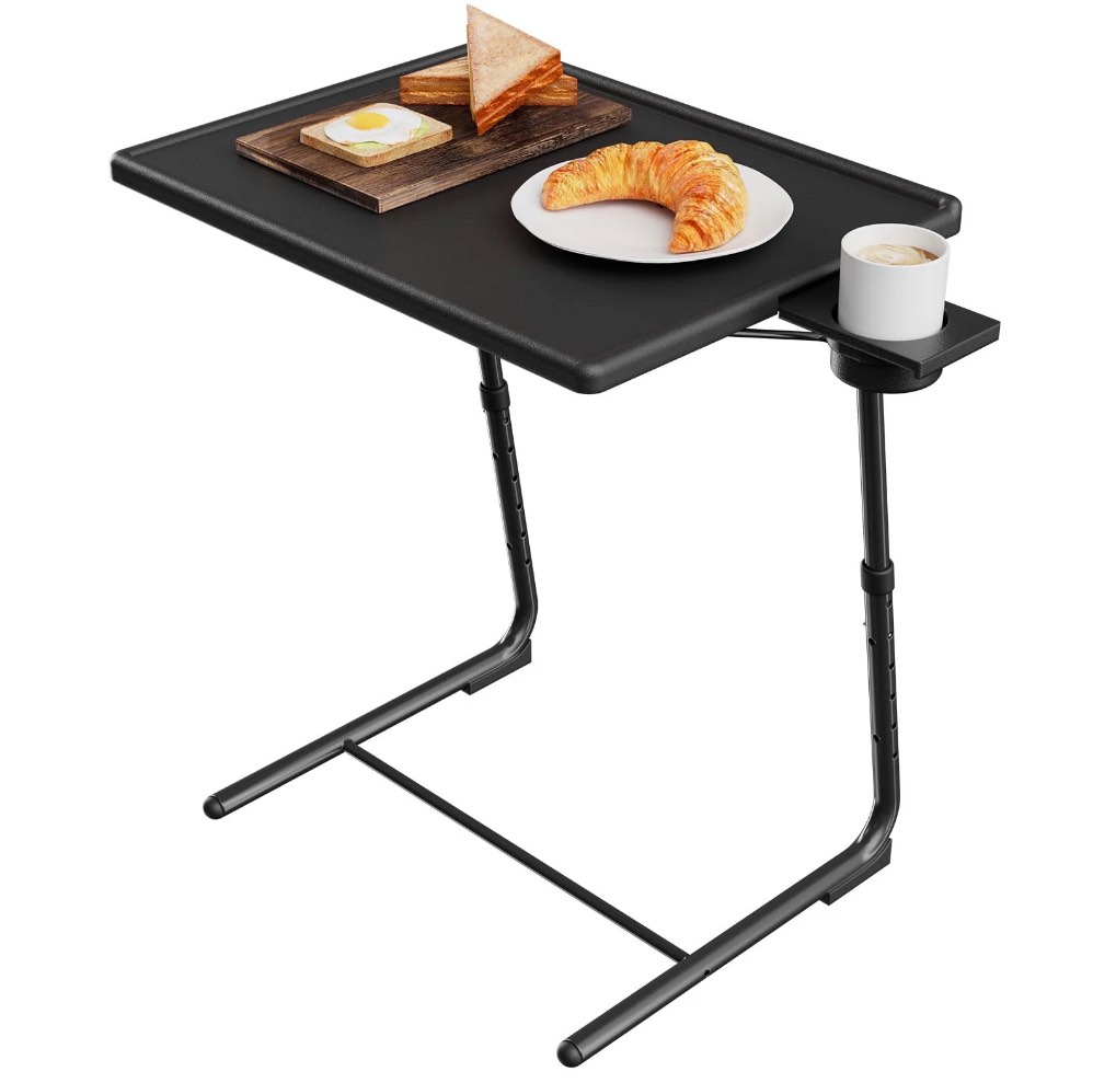 TV Tray Table with Cup Holders, Portable C-Shaped Side Dinner Tray Table, Adjustable 6 Heights & 3 Tilt Angle for Living Room, Bedroom, Black