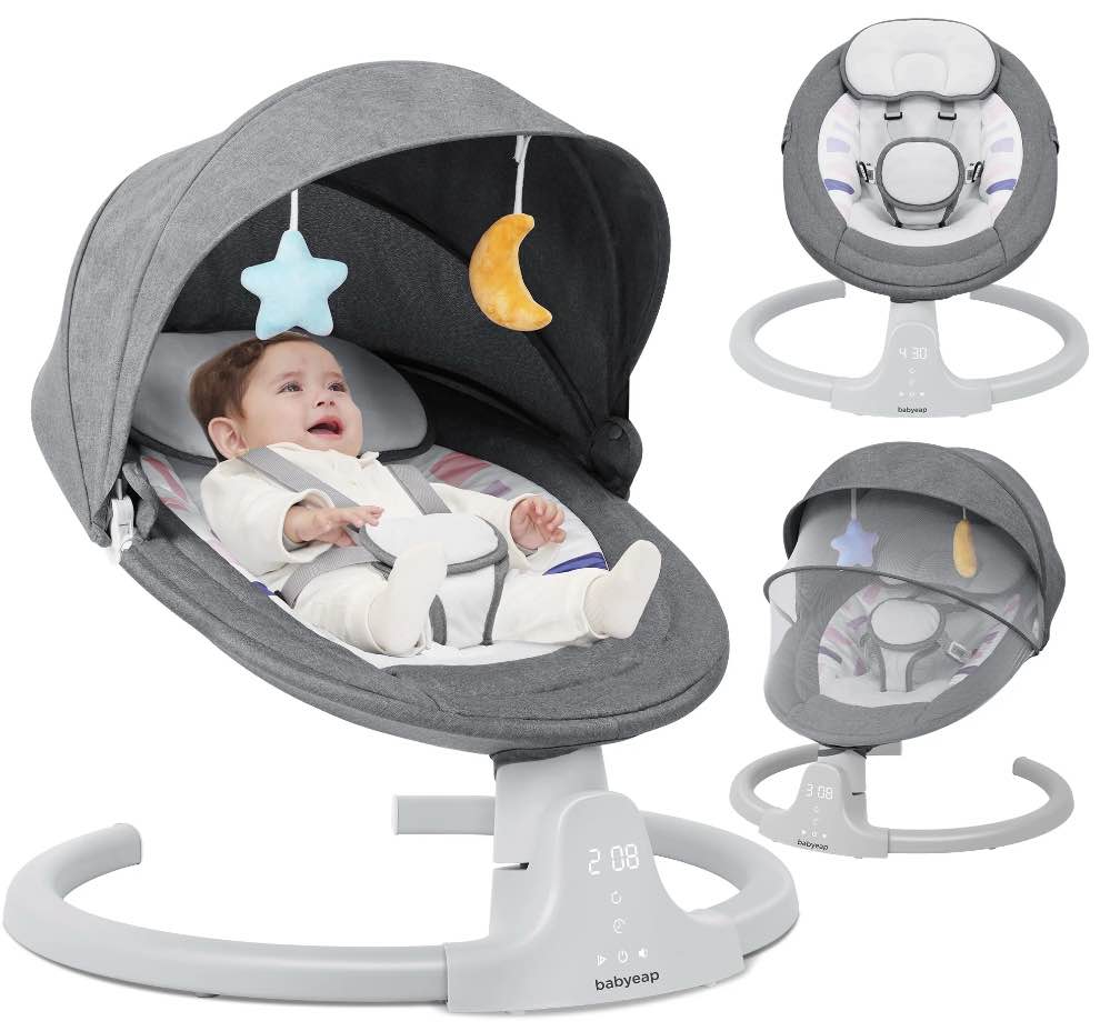 Babyeap Baby Swing for Infants - APP Remote Bluetooth Control, 5 Speed Settings, 10 Lullabies, USB Plug (Gray)