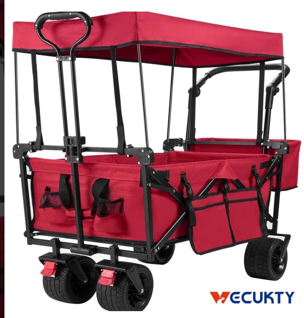 VECUKTY Collapsible Garden Wagon Cart with Removable Canopy Red