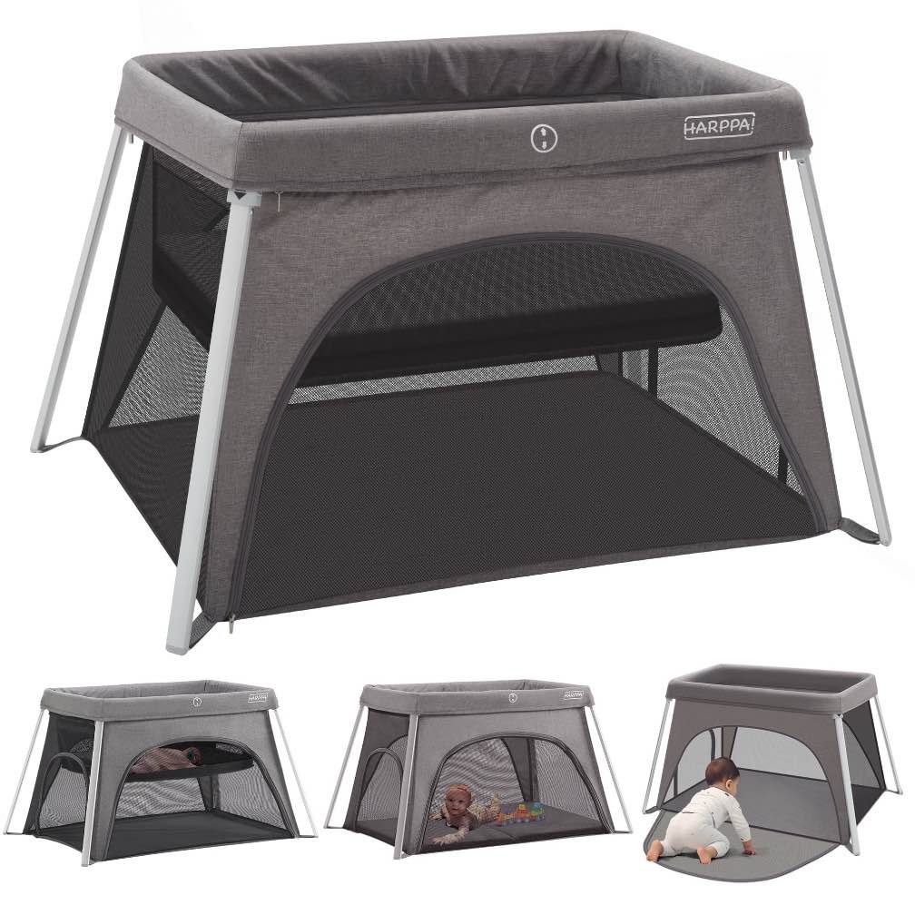 HARPPA Portable Travel Crib with Mattress, Foldable Playard for Baby and Toddler, 11lbs, Gray