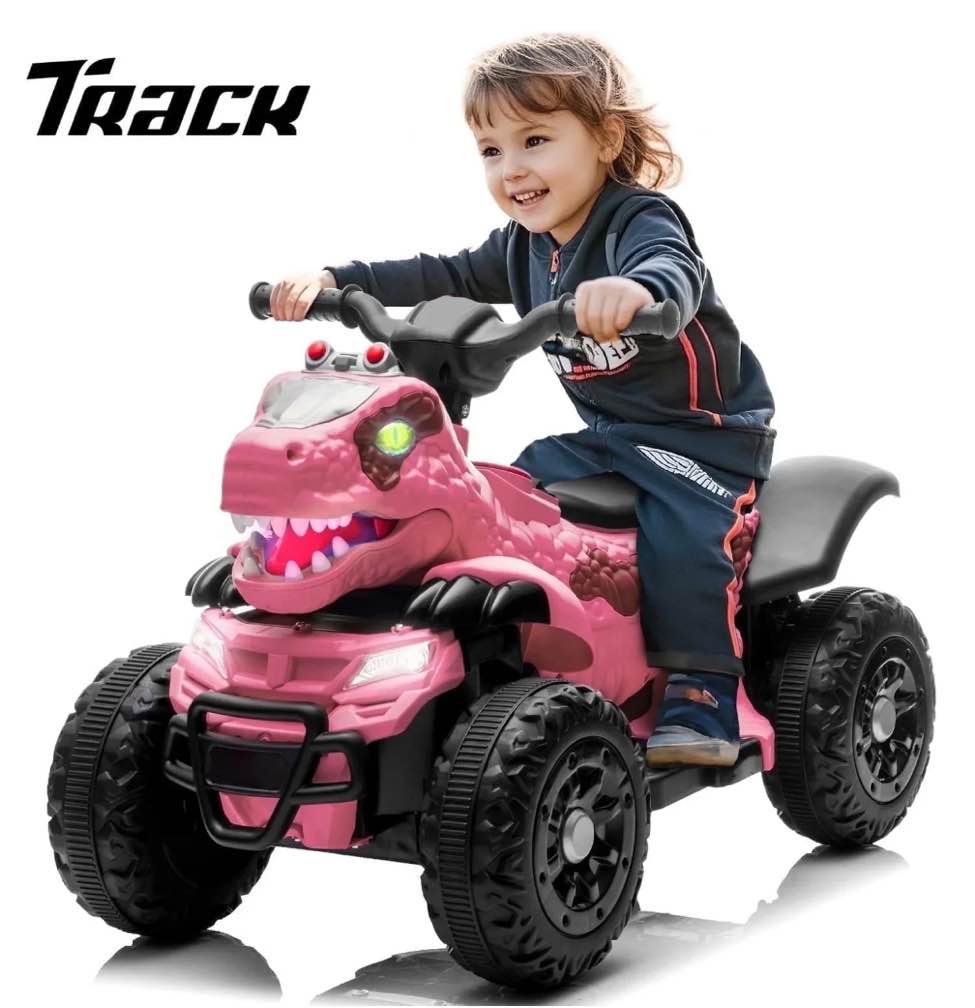 Track Seven 12V Electric Ride-On ATV, Dinosaur Four Wheeler Electric Car with Bluetooth, LED Lights, Music, Electric Quad Ride-On Toy Car for Toddlers Boys Girls Age 2+, Rose Pink