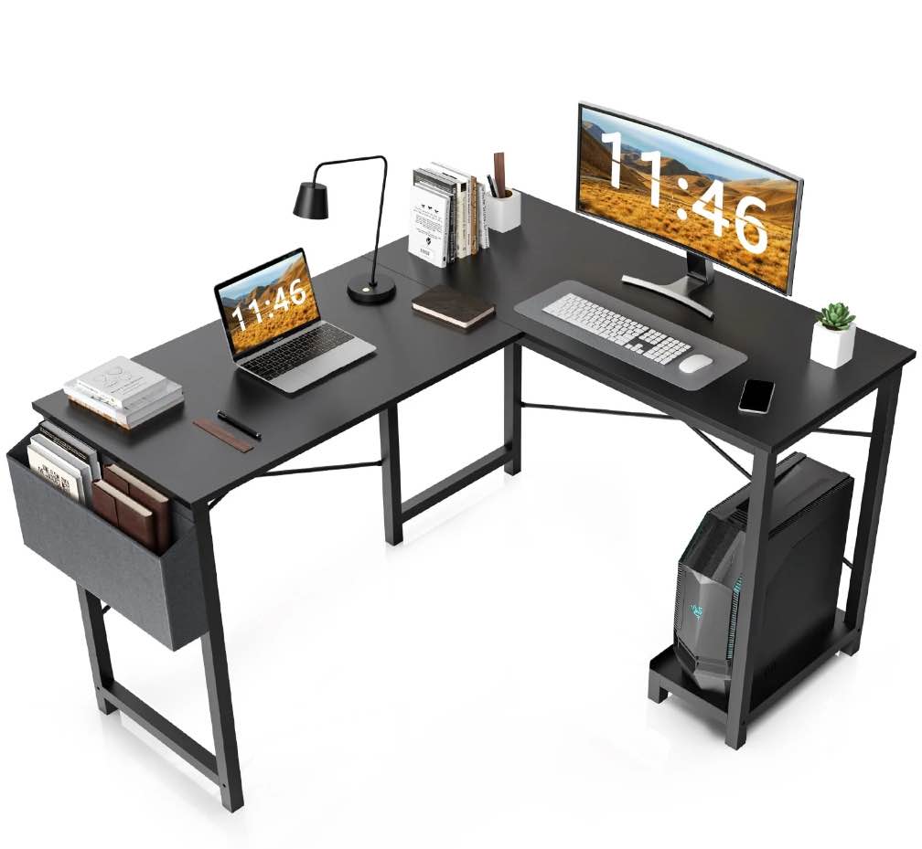 CONCETTA L Shaped Computer Desk with Wooden Desktop CPU Stand Side Bag Reversible, Black