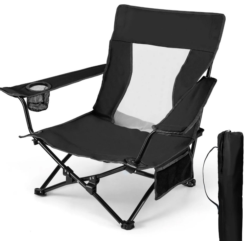 Walchoice Folding Beach Chair for Adults, Low Seat Camping Chair with High Back, Wide Seat Chair with Cup Holder & Carry Bag, Heavy Duty Portable Chair for Outdoor Picnic Travel - Black