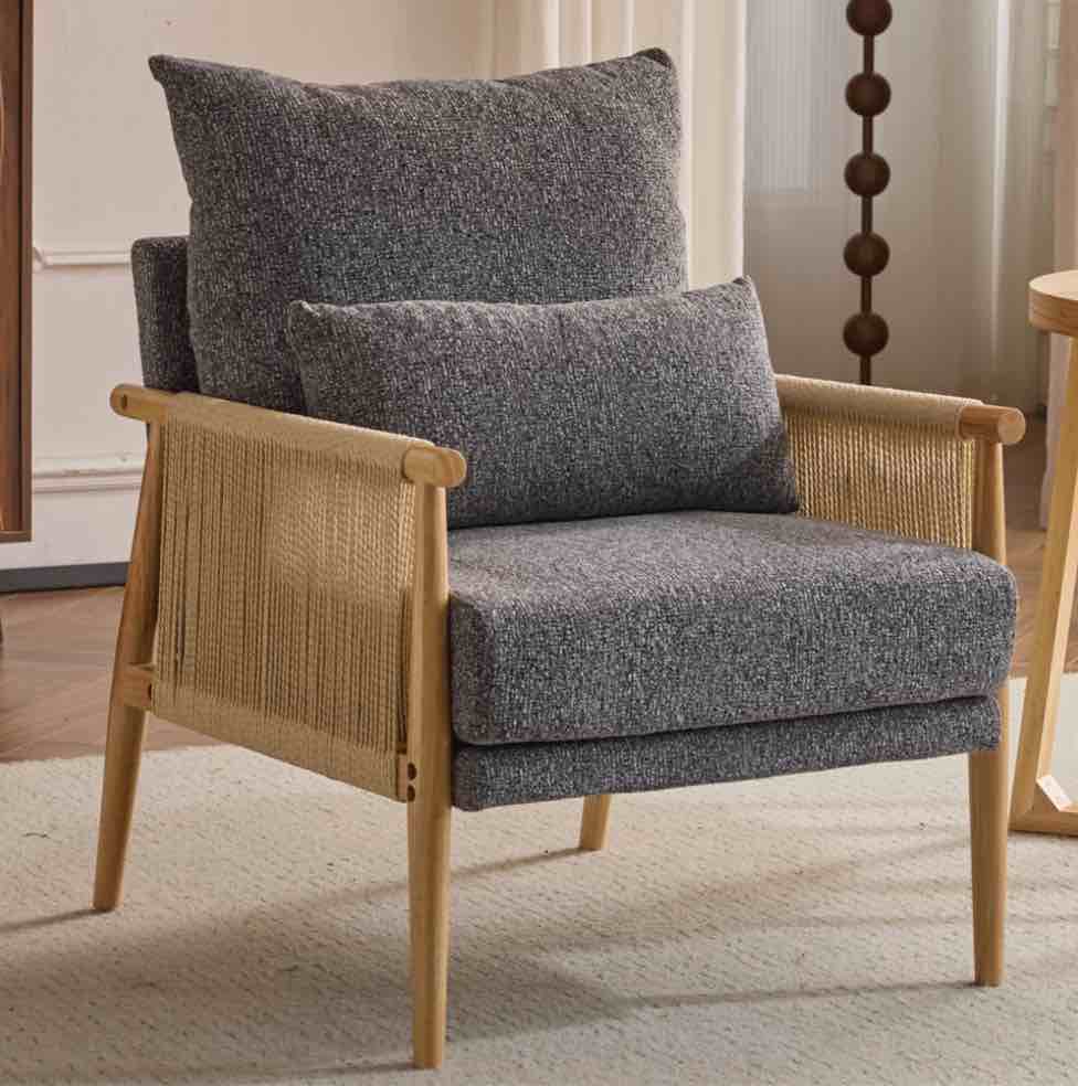 Ktaxon Accent Chair, Solid Wood and Jute Rope Armrests Armchair, Single sofa with Lumbar Pillow for Living Room Bedroom Office Dark Gray