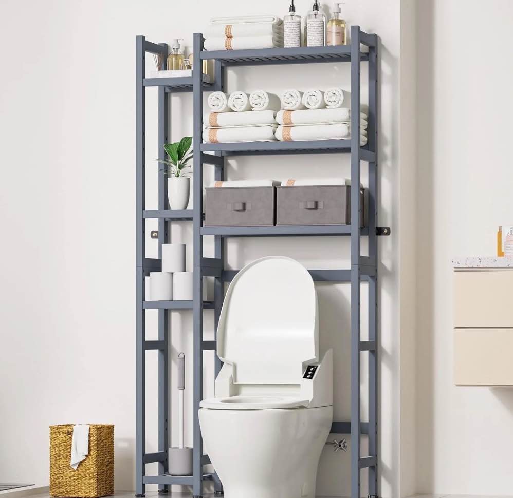 VigorPro Over the Toilet Storage, Bamboo Bathroom Organizer with Basket, Drawer, Waterproof Feet Pad, Adjustable Space-Saving Rack for Restroom and Laundry