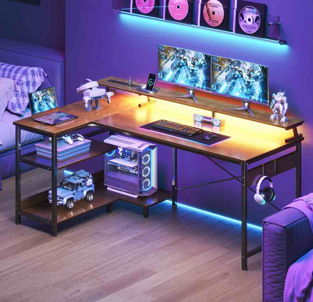58 inch Reversible L Shaped Gaming Desk with LED Lights & Power Outlet, Corner Computer Desk with Storage Shelves & CPU Stand, Home Office Desk with Monitor Shelf, Modern Writing Table, Vintage