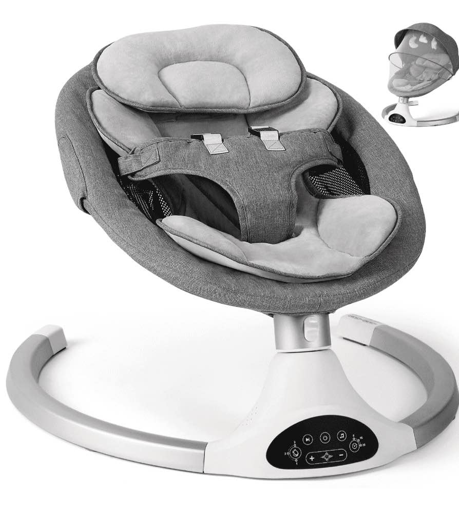 Baby Swing for Infants - Electric Infant Swing with 3 Swing Speeds and 10 Lullabies, Portable Indoor Baby Rocker, Touch Screen Control and Remote Control, Bluetooth, Grey