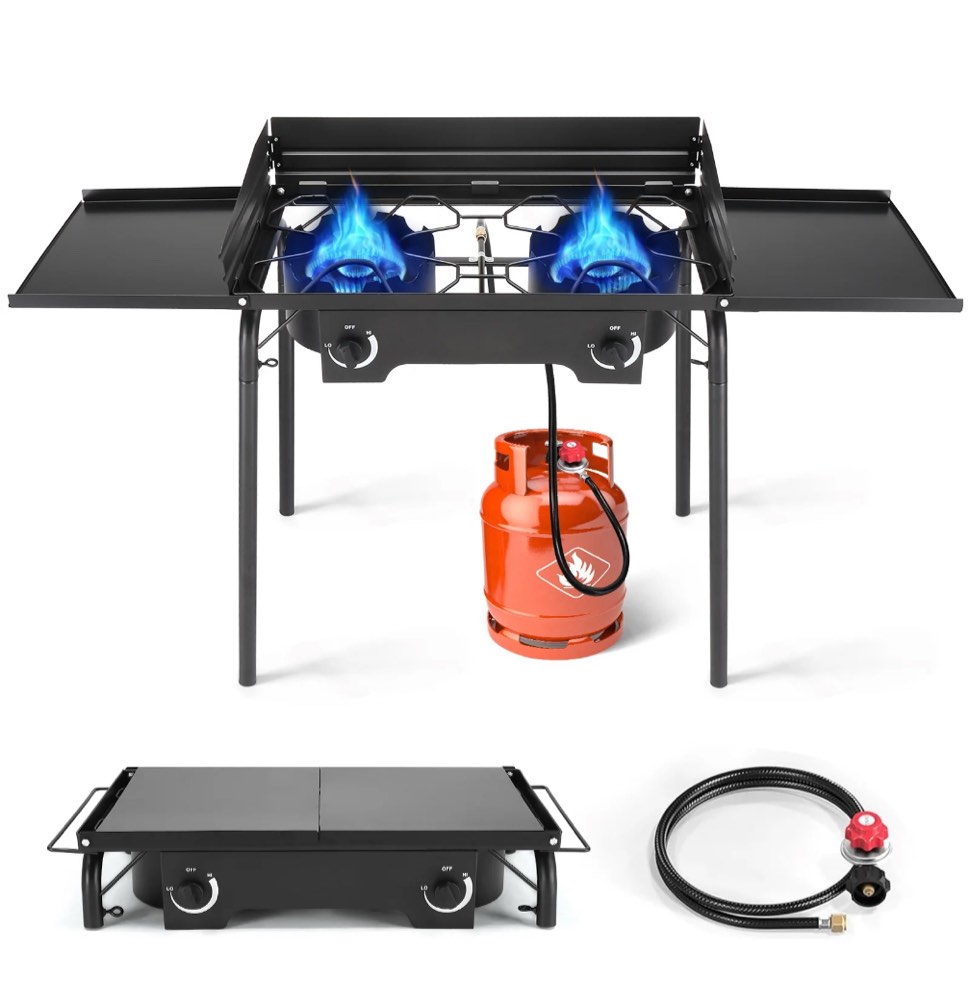 Ktaxon 2 Burner 150000 BTU Cooker w/ Side Shelves,Removable Legs,Wind Panels,Regulator Outdoor Camping Picnic Stove Stand