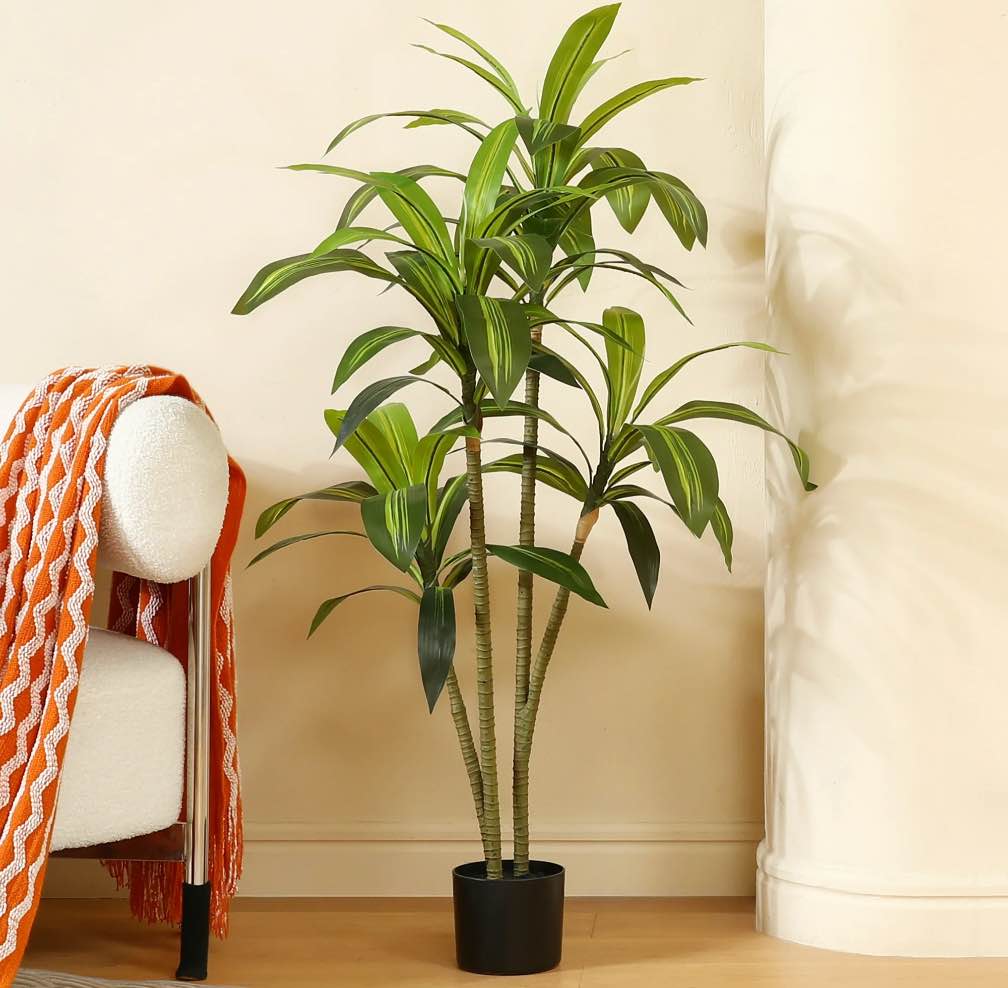 DR.Planzen Artificial Dracaena Tree, 4FT Tall Fake Tree Artificial Dracaena Plants for Indoor, Fake Trees for Office Home Living Room Floor Patio Greening Porch Decor, Set of 1