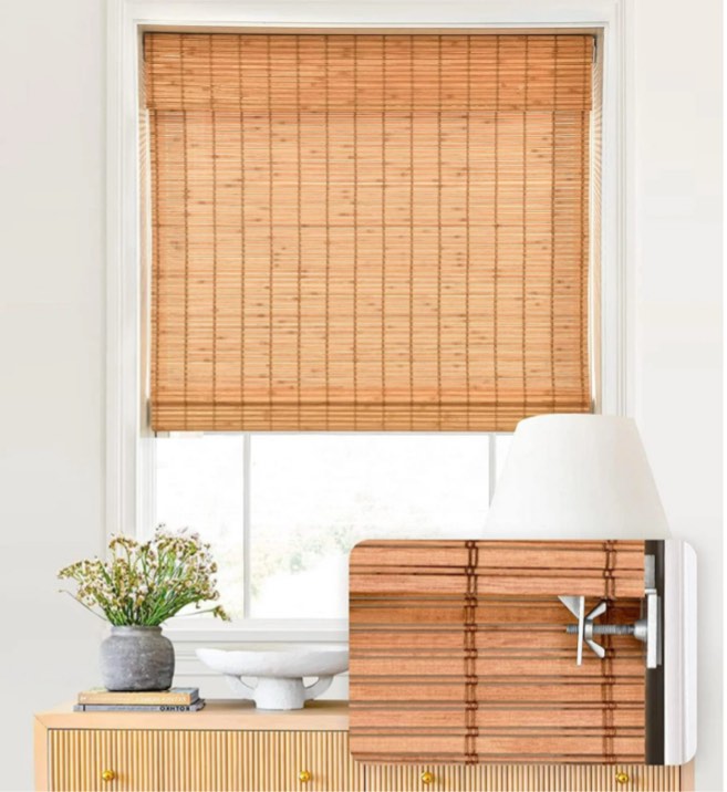 LazBlinds No Tools No Drill Cordless Bamboo Roman Shades, Light Filtering Window Treatment, Roll Up Bamboo Blinds for Window 27'' W x 64'' H, Wood