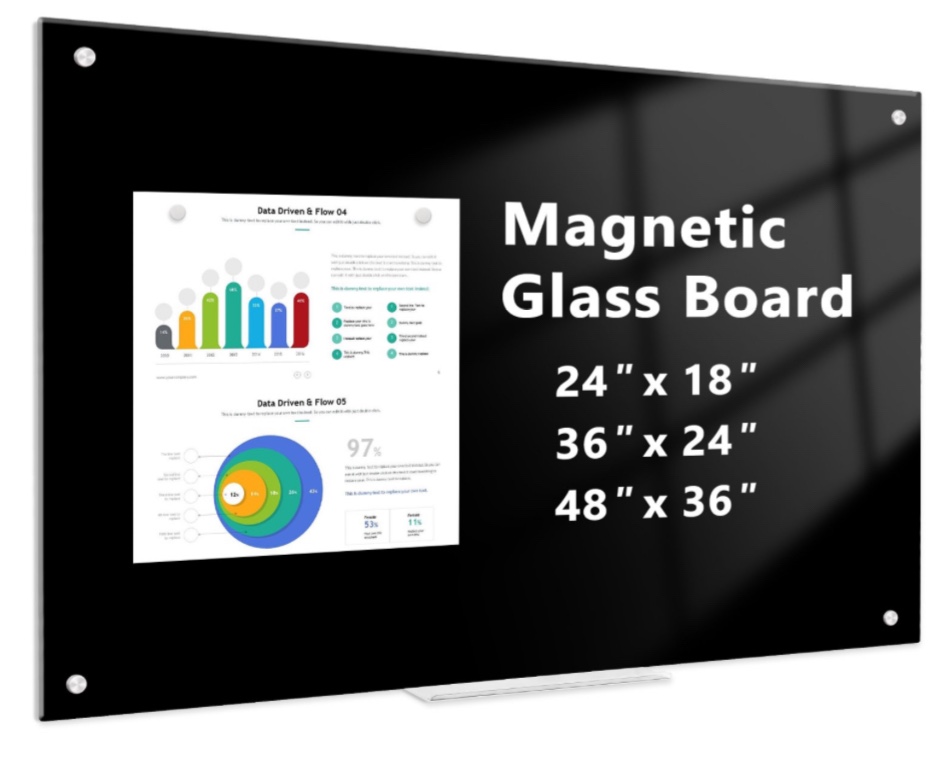 Black Glass Dry Erase Board 24"x18" Magnetic Glass Board, Framless Black Glass Whiteboard for Wall, Bulletin Board for Office, with Strong Magnets and Marker