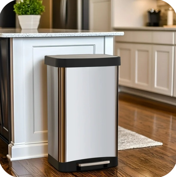 Innovaze 14.5 Gallon Trash Can, Stainless Steel Rectangular Step on Kitchen Garbage Can, Silver