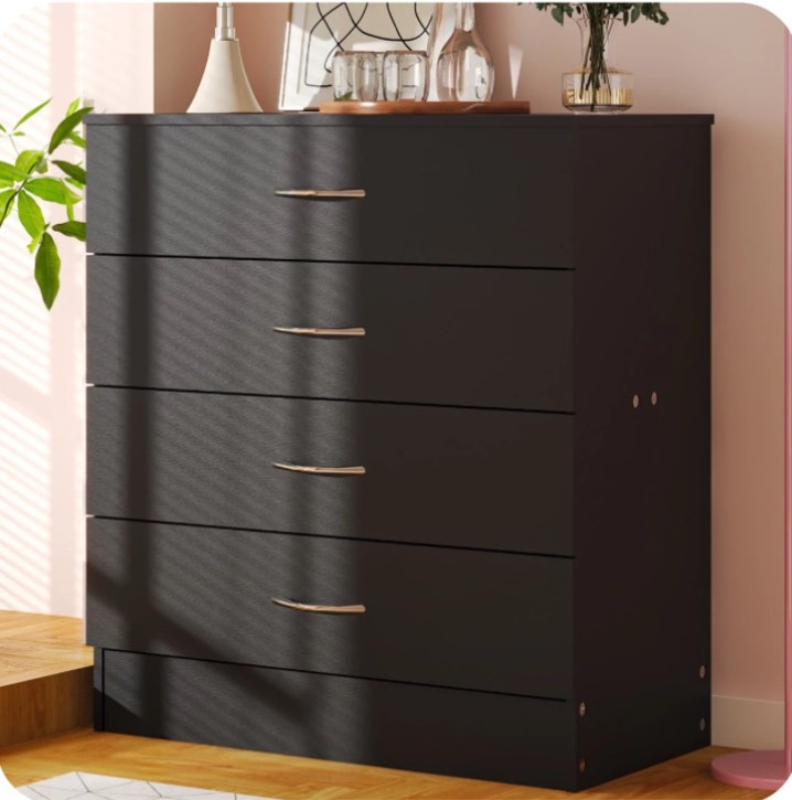 UBesGoo Black Chest of Drawers Dresser Wood Organizer Cabinet, 4 Drawer Nightstand Side Table, Furniture for Bedroom