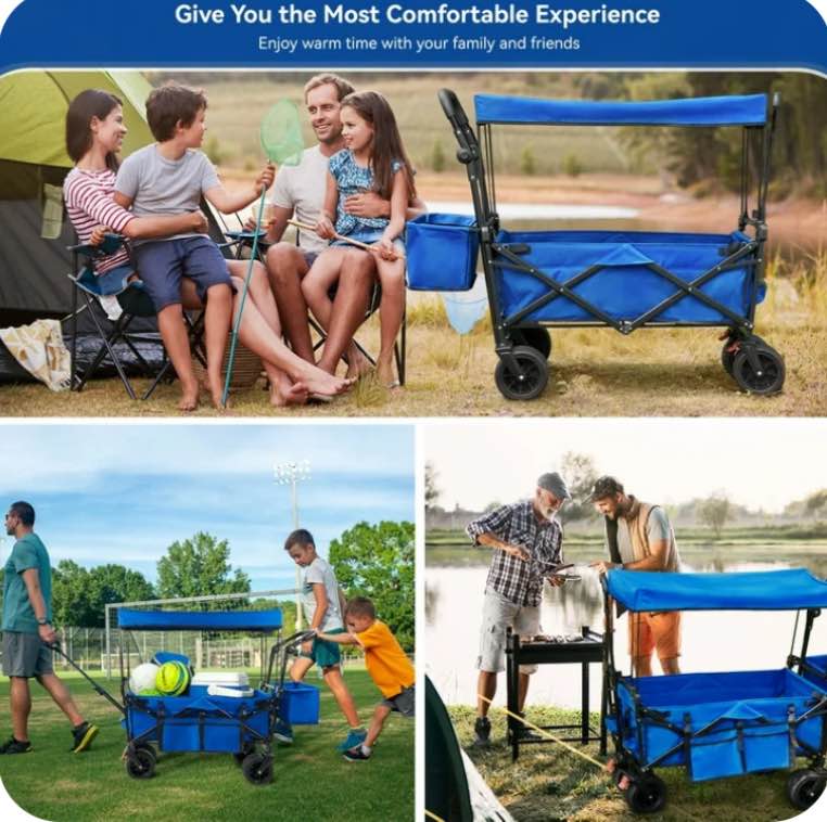 VECUKTY Collapsible Garden Wagon Cart with Removable Canopy Blue