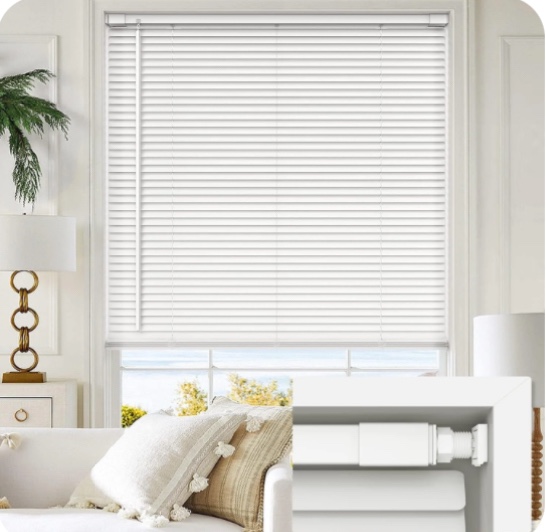 LazBlinds Cordless No Tools-No Drill 1" Vinyl Horizontal Mini Blinds, Light Filtering Blinds for Windows, Blinds & Shades for Window, 30 1/2" W x 48" H, White