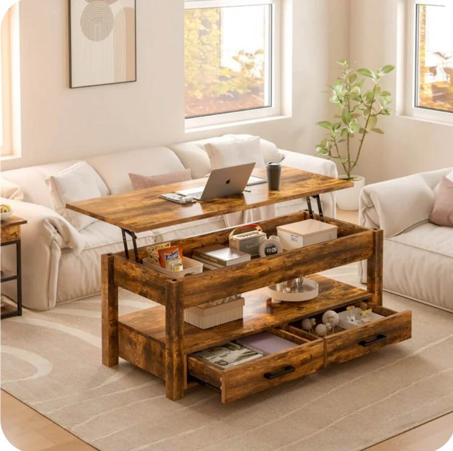 GUNAITO Lift Top Coffee Table with 2 drawers,Wooden Convertible Coffee Table with Storage for Living Room,center Table,Brown,42"