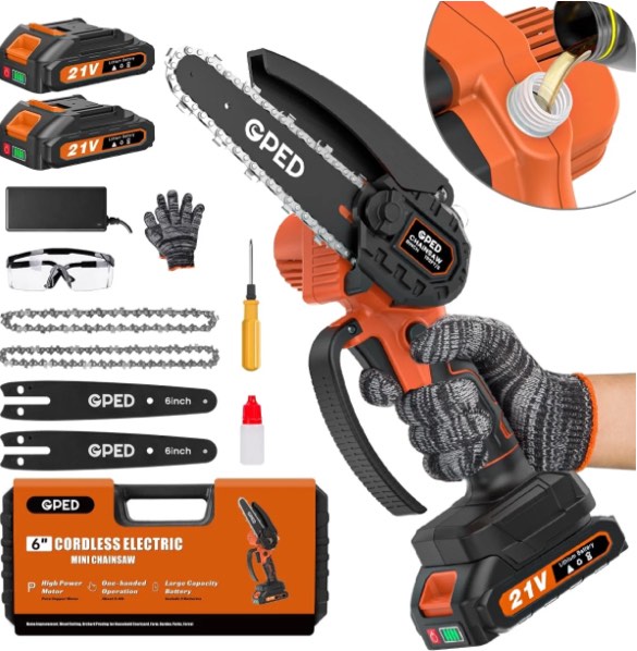 GPED 6 Inch Mini Chainsaw Cordless with 2 Batteries, Automatic Oiler Portable Electric Chain Saw, Hand Saw for Wood/Trees Cutting, Household and Garden, Father's Day Gift for Men Dad Husband, Orange