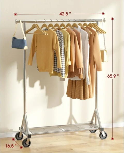Sakugi Clothes Rack - Heavy-Duty Stainless-Steel Clothing Rack for Hanging Clothes with Mesh Shelf & Lockable Wheels, Versatile Garment Organizer with Anti-Slip Stoppers, for Bedroom, Laundry, Shop