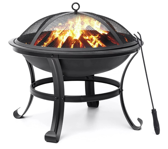 KingSo 22 inch Wood Burning Fire Pit for Camping Picnic Bonfire Patio Outside Backyard Garden Small Bonfire Pit Steel Firepit Bowl with Spark Screen, Log Grate, Poker