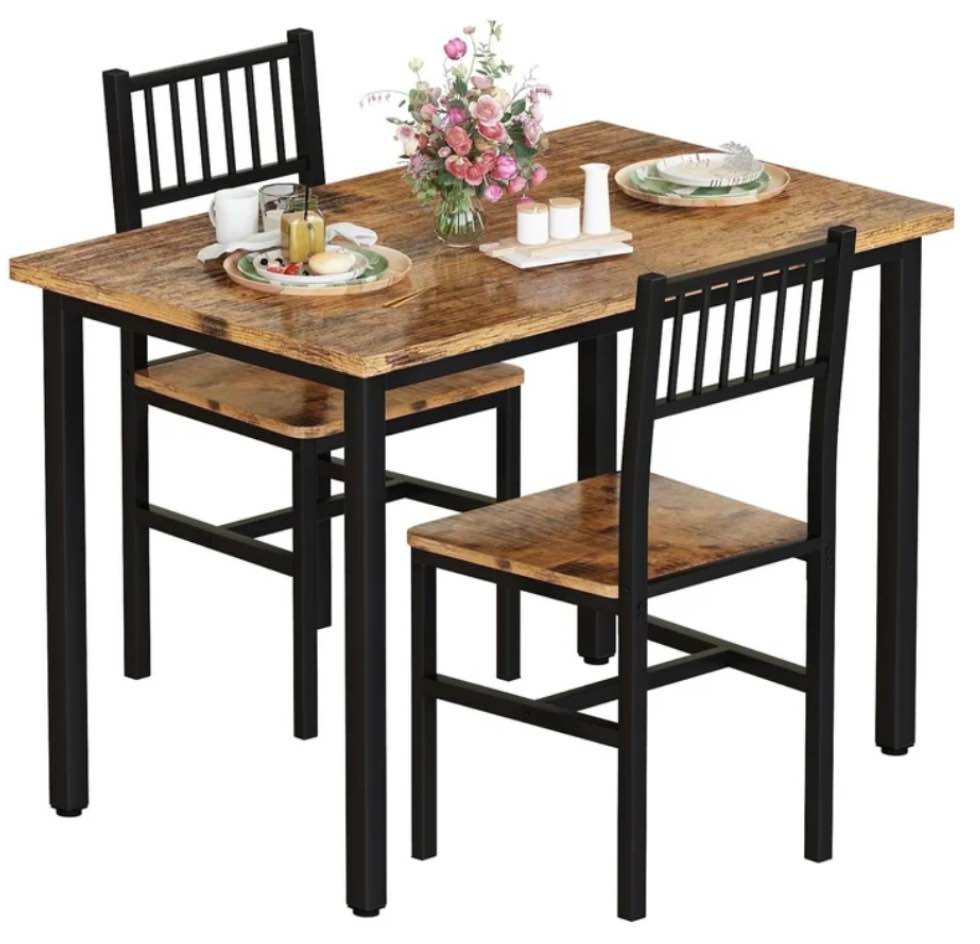 Lamerge 3 Piece Dining Table Set, Rustic Kitchen Table and Chairs Set, Thickened Solid Wood Carbon Plate, Breakfast Table Set for Small Spaces, Dining Room, Kitchen, Rustic Brown