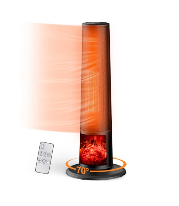 Qunler Space Heater with Remote, 1500W Portable Electric 26" Tower Heater with Tip-over and Overheat Protection, 12H Timer, Heating Fan for Desk Office, Black