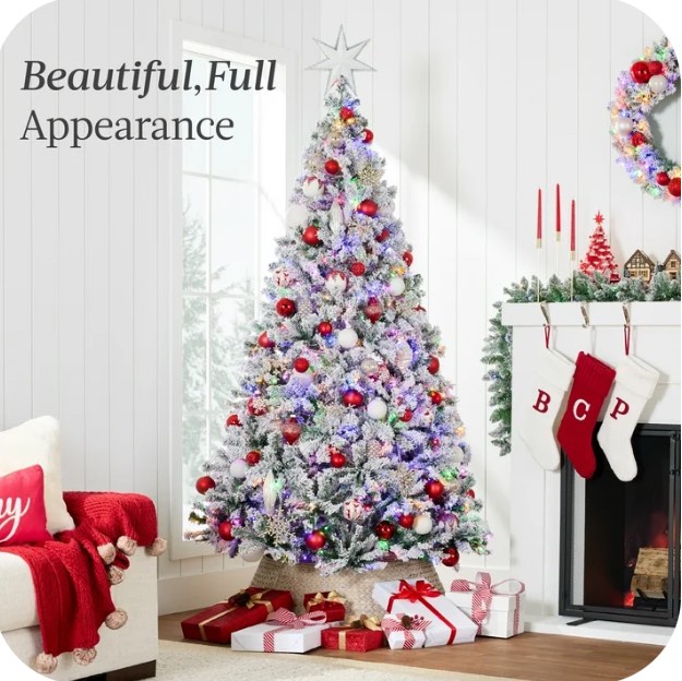 Best Choice Products 6ft Pre-Lit Christmas Pine Tree w/ Flocked Branches 250 Multicolored or Warm-White Light Modes