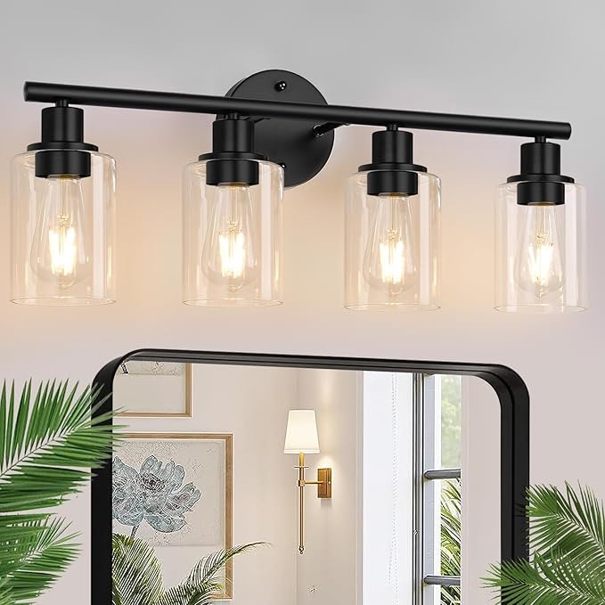 4-Light Bathroom Light Fixtures, Matte Black Modern Vanity Lights with Clear Glass Shades, Bathroom