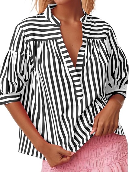 Ymejia Womens Short Puff Sleeve Striped Blouses Top V Neck Loose Fit Casual Summer Work Blouses Stri Size S