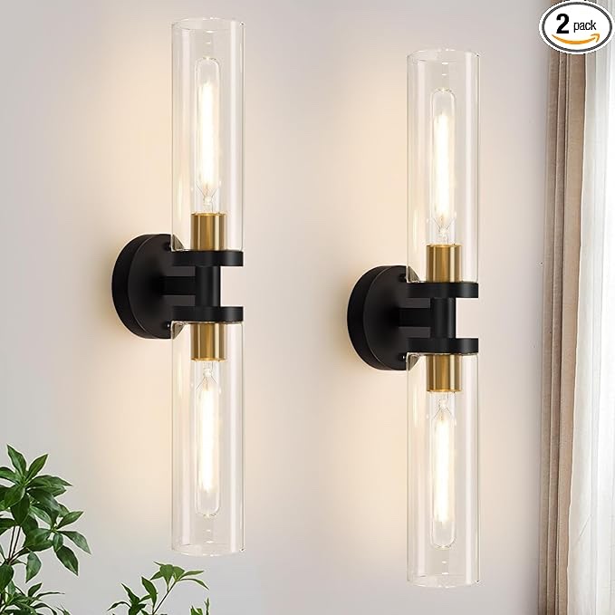 Wall Sconces Set of Two, Black and Gold Bathroom Sconces Wall Lighting with Clear Glass, Modern Sconces Wall Decor Set of 2 Wall Light fixtures for Bathroom Mirror Living Room Hallway Bedroom