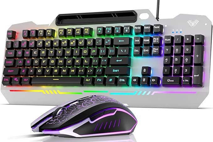 AULA Keyboard, T102 104 Keys Gaming Keyboard and Mouse Combo with RGB Backlit Number Pad, All-Metal Panel Waterproof Light Up PC Keyboard, USB Wired Computer Keyboards Gaming for MAC Xbox PC Gamer