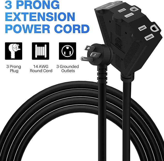 14/3 Gauge Heavy Duty Outdoor Extension Cord 10 FT, 90 Degree Angled 3 Prong Plug, 14 Gauge Power Ca