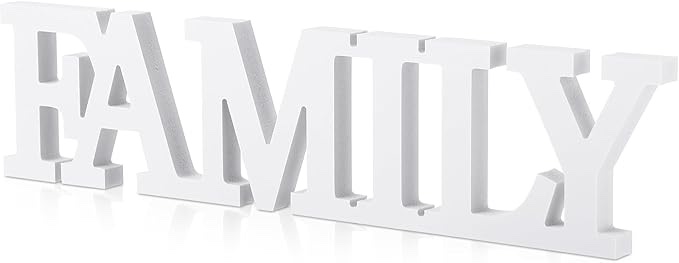 Rustic Wood Family Sign - Wooden Table Decor with Family Words - Decorative Sign for Living Room, Home Decor Shelf, Mantel (White)