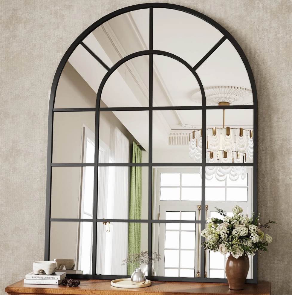 BEAUTYPEAK 40" x 30" Arched Windowpane Mirror Decor Wall Mirror, Black
