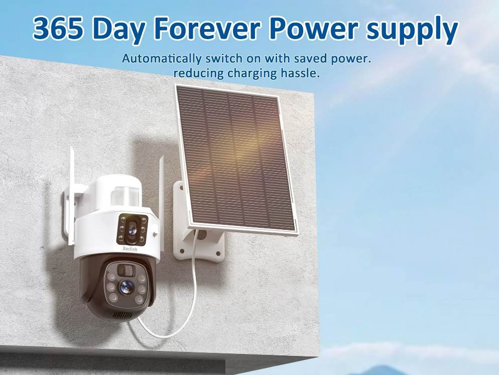 Xorlink 4K/8MP Solar Security Camera  360° View Wireless Outdoor Camera  Waterproof PIR Detection  Rechargeable Battery Powered Home Dual Lens Surveillance Camera with Color Night Vision 2-Way Audio