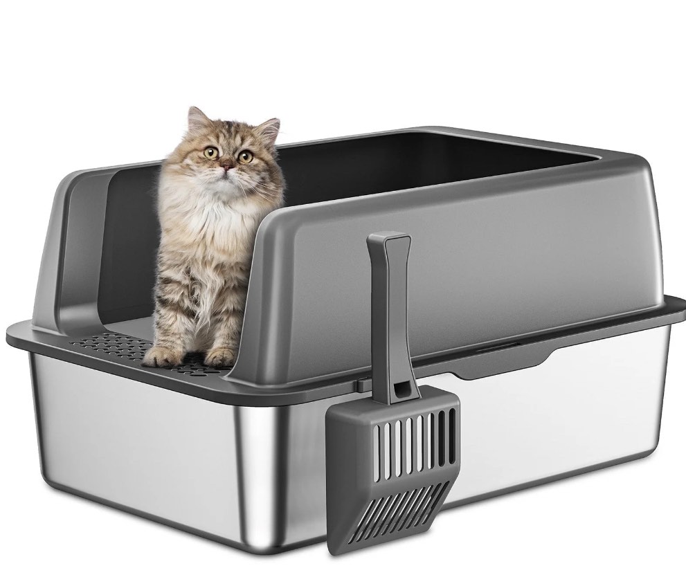 Stainless Steel Litter Box, High Sided Cat Litter Box, Metal Litter Pan with Lid, Extra Large Litter Box with Scoop, Dark Gray