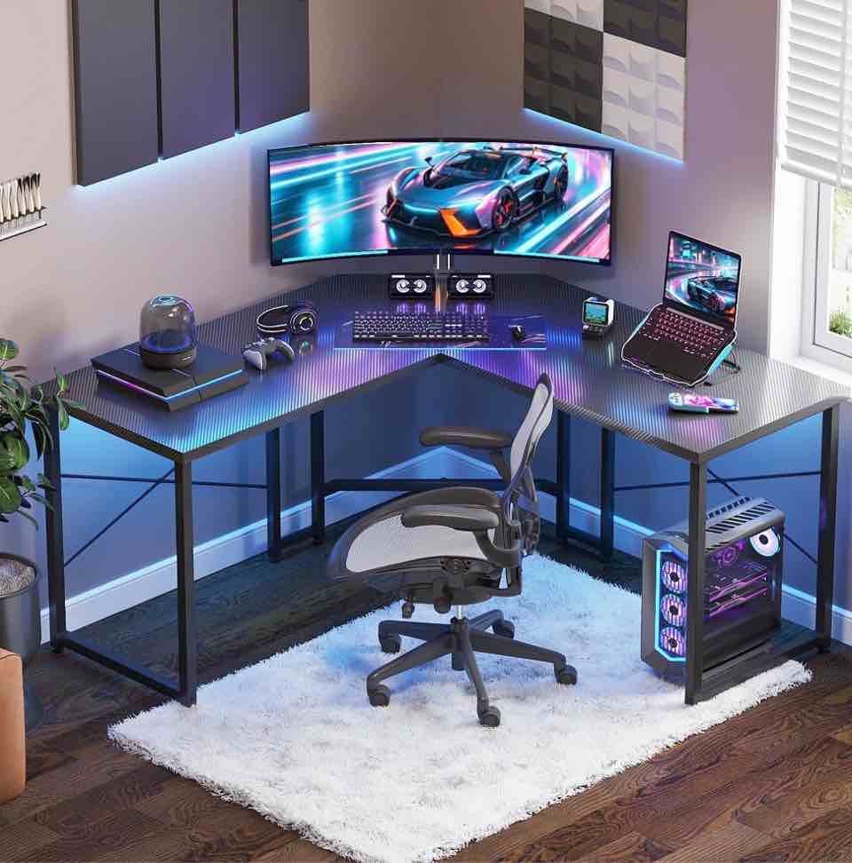 Casacomoda Computer Desk L Shaped, 51” Reversible L Shaped Computer Desk with Monitor Stand, Home Office Desk, Carbon Fiber Black