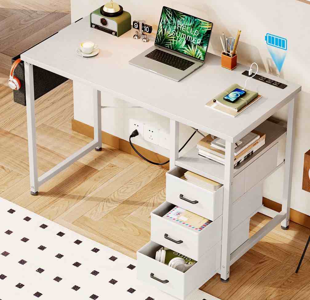 Casacomoda 40 Inch Small Computer Desk with Fabric Drawers and Charging Station, Home Office Desk with Storage Shelf, White