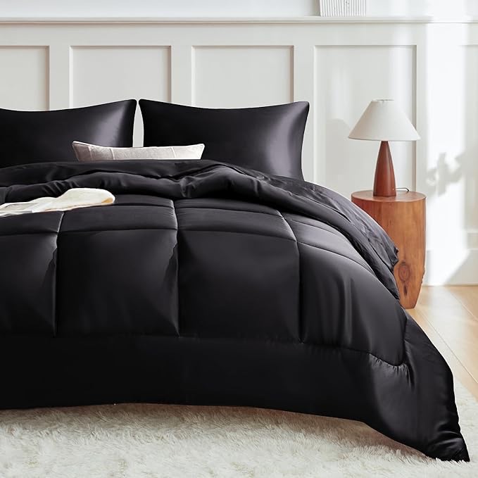 YASMENG Black Satin Silky Comforter Queen Size Summer Cooling Glossy Quilt Set Smooth Touch Luxu