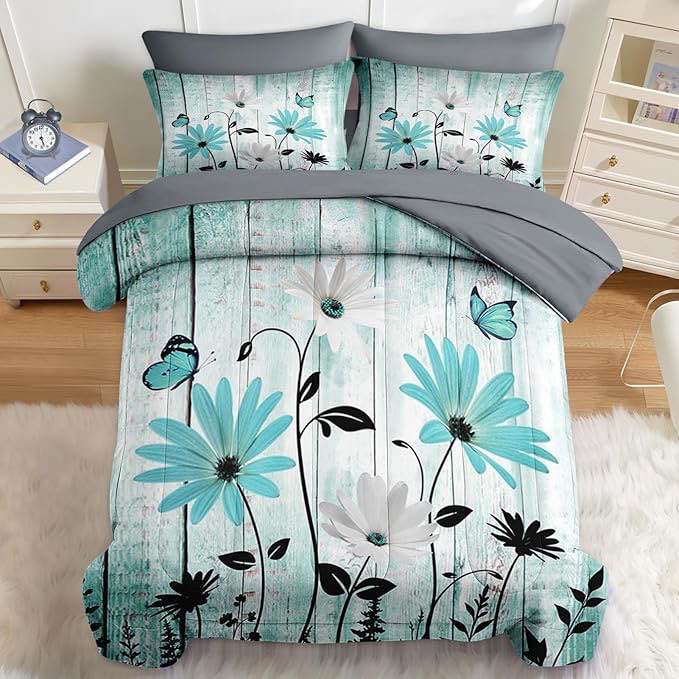 Nesker Comforter Set King Size, Turquoise Teal Daisy Bedding for Kids and Adults, Botanical Fl