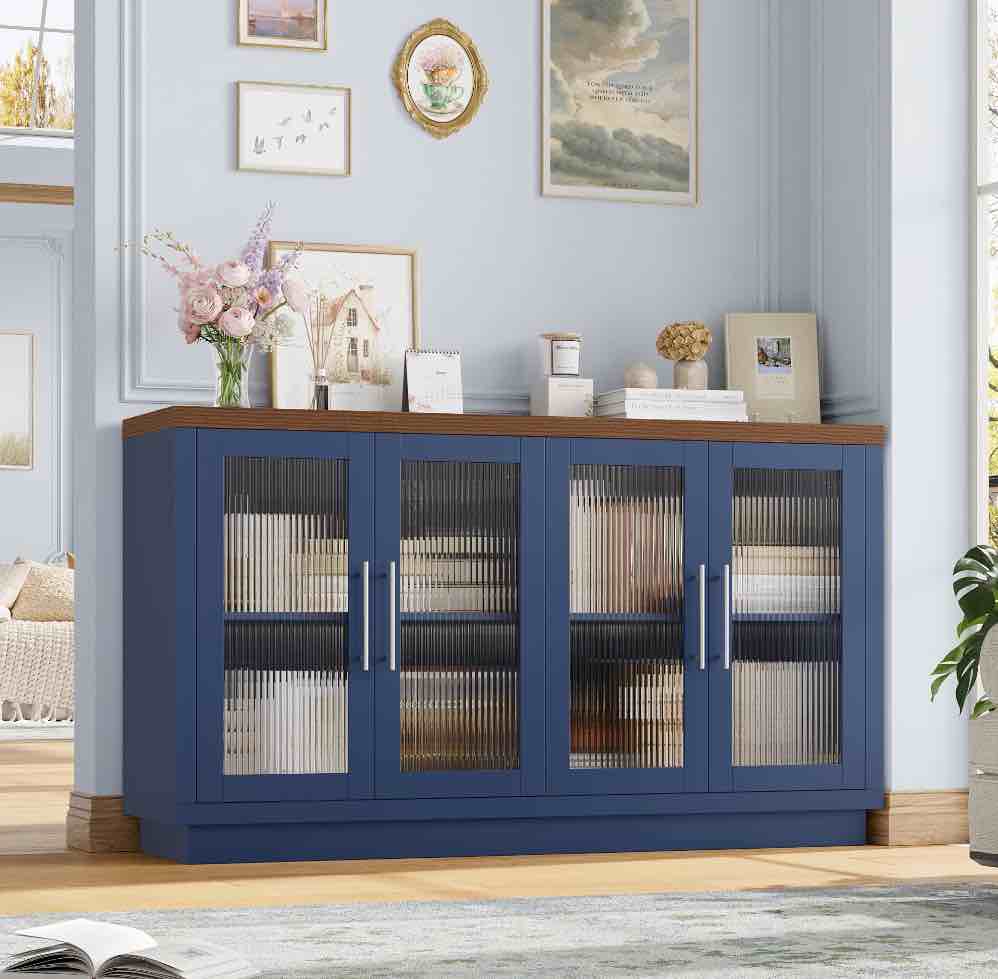 Homfa 55.1"W Modern Sideboard Buffet with Fluted Glass Doors, Accent Cabinet Console Table TV Stand, Blue & Brown