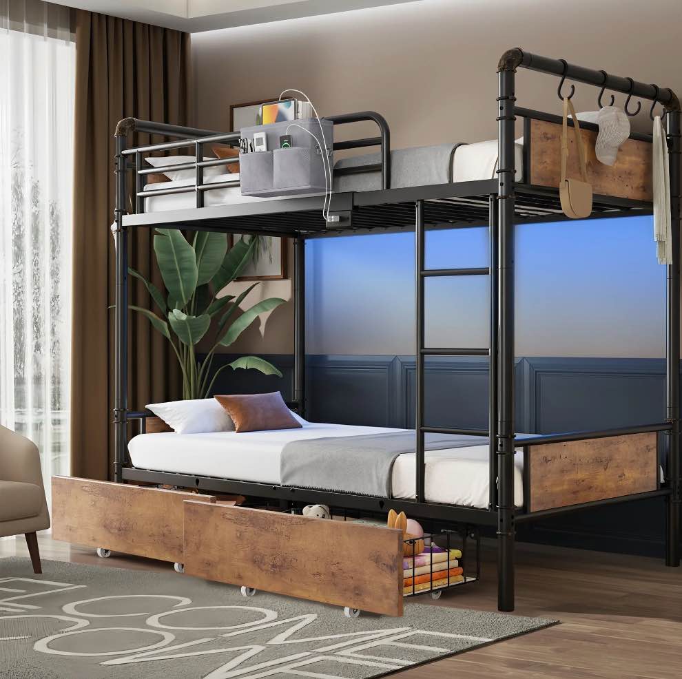 Cocosity Metal Twin over Twin Size Bunk Bed with Under bed Storage Drawers