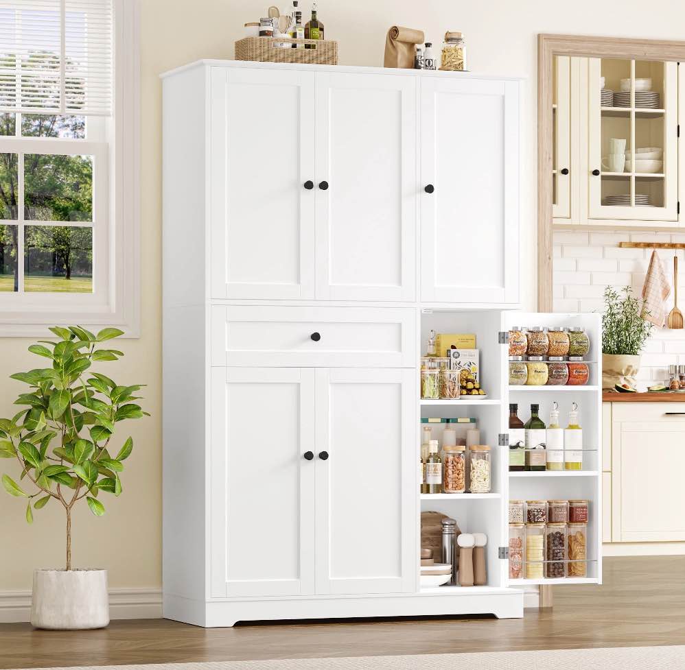 Homfa Kitchen Pantry Storage Cabinet, 68" Food Pantry Cabinet with Drawer and Door Shelf, 6 Door Freestanding Cupboard Buffet for Dining Room, White