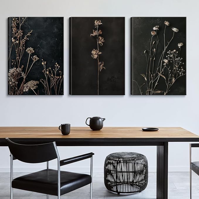 3pcs Framed Moody Flower Canvas Wall Art Minimalist Wildflower Wall Decor Dark Dried Pictures Black 
